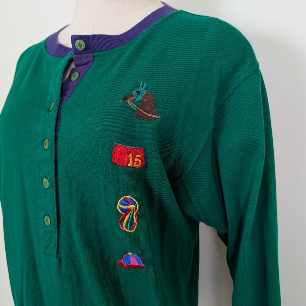 80s Adrienne Vittadini 3/4 Sleeve Pony Shirt Equestrian Embroidered Crest Button - Picture 9 of 9